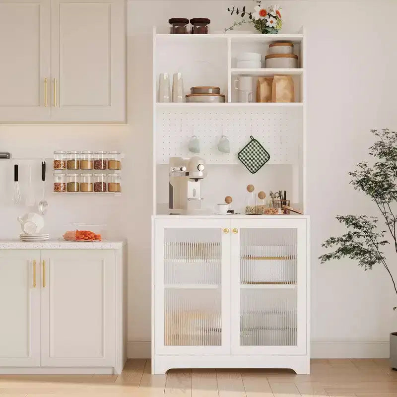 Armoire de cuisine haute de 180 cm avec 2 portes vitrées, meuble de rangement de cuisine autonome avec étagères réglables, buffet de style ferme, bar à café