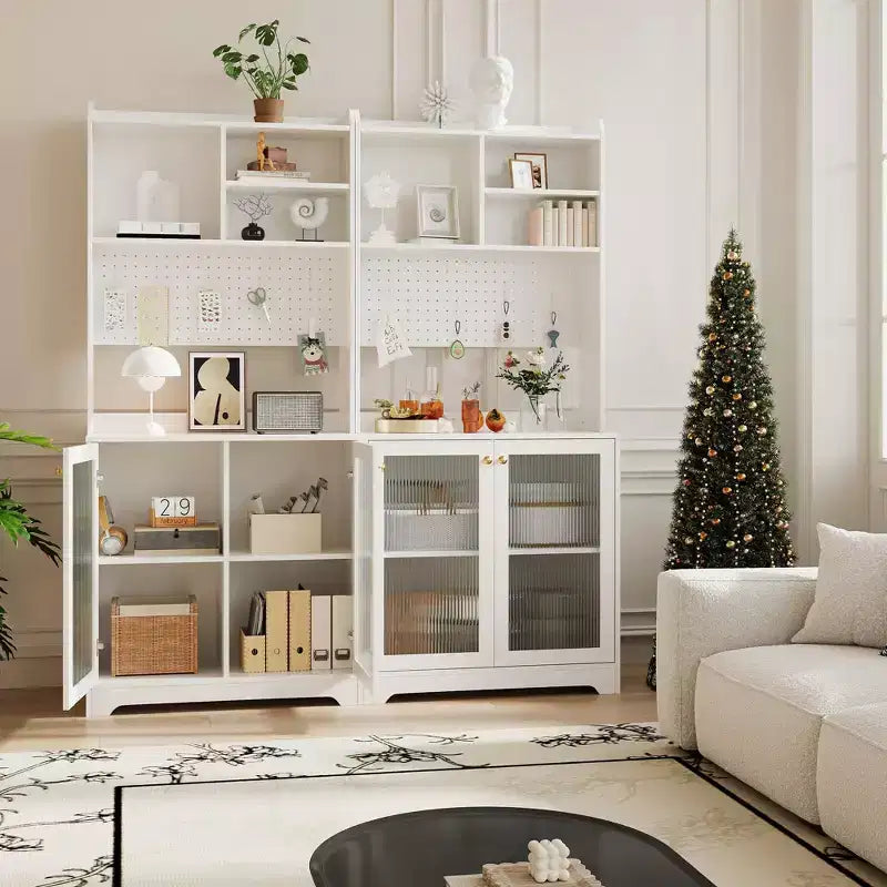 Armoire de cuisine haute de 180 cm avec 2 portes vitrées, meuble de rangement de cuisine autonome avec étagères réglables, buffet de style ferme, bar à café