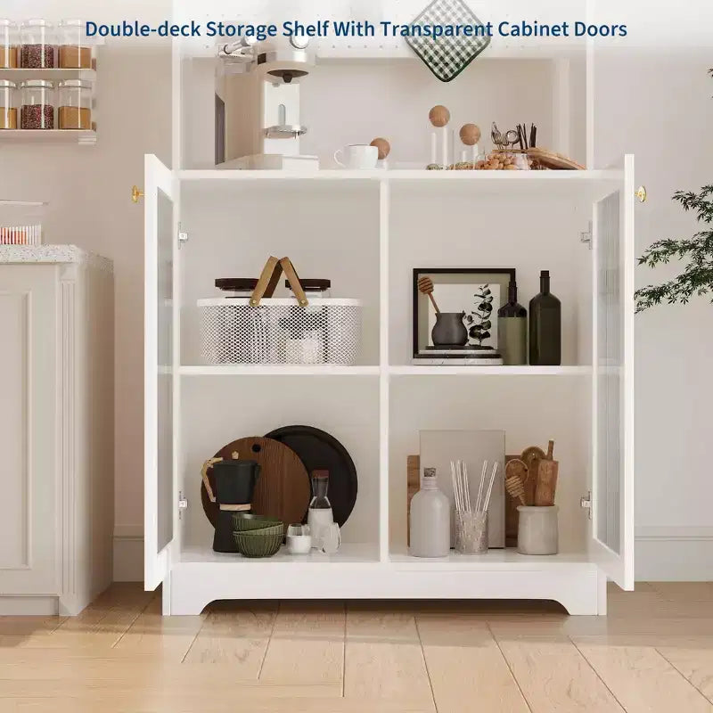 Armoire de cuisine haute de 180 cm avec 2 portes vitrées, meuble de rangement de cuisine autonome avec étagères réglables, buffet de style ferme, bar à café