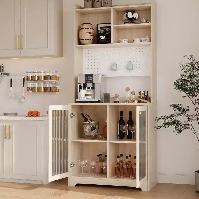 Armoire de cuisine haute de 180 cm avec 2 portes vitrées, meuble de rangement de cuisine autonome avec étagères réglables, buffet de style ferme, bar à café