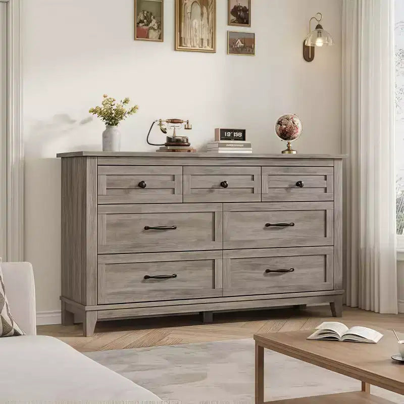 Commode 7 tiroirs de 137 cm avec dispositif anti-basculement, meuble de rangement moderne pour chambre et salon, structure en MDF