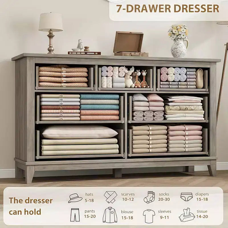 Commode 7 tiroirs de 137 cm avec dispositif anti-basculement, meuble de rangement moderne pour chambre et salon, structure en MDF