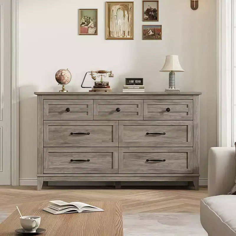 Commode 7 tiroirs de 137 cm avec dispositif anti-basculement, meuble de rangement moderne pour chambre et salon, structure en MDF