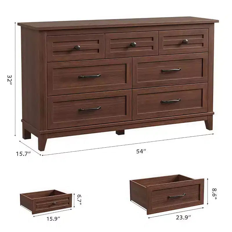 Commode 7 tiroirs de 137 cm avec dispositif anti-basculement, meuble de rangement moderne pour chambre et salon, structure en MDF