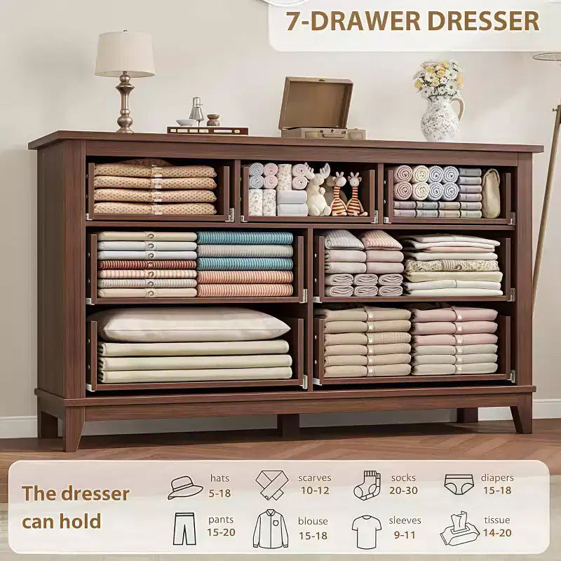 Commode 7 tiroirs de 137 cm avec dispositif anti-basculement, meuble de rangement moderne pour chambre et salon, structure en MDF