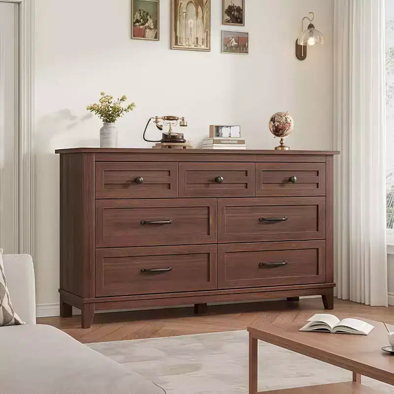 Commode 7 tiroirs de 137 cm avec dispositif anti-basculement, meuble de rangement moderne pour chambre et salon, structure en MDF