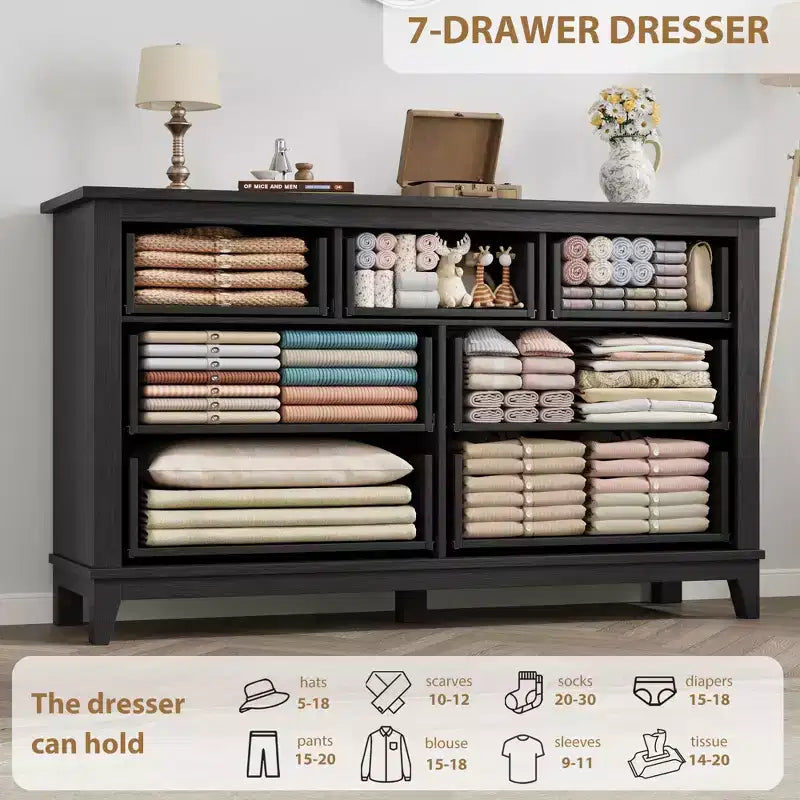 Commode 7 tiroirs de 137 cm avec dispositif anti-basculement, meuble de rangement moderne pour chambre et salon, structure en MDF