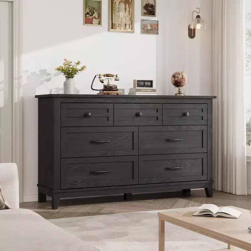 Commode 7 tiroirs de 137 cm avec dispositif anti-basculement, meuble de rangement moderne pour chambre et salon, structure en MDF