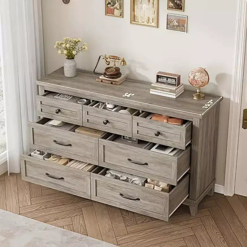 Commode 7 tiroirs de 137 cm avec dispositif anti-basculement, meuble de rangement moderne pour chambre et salon, structure en MDF