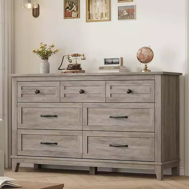 Commode 7 tiroirs de 137 cm avec dispositif anti-basculement, meuble de rangement moderne pour chambre et salon, structure en MDF