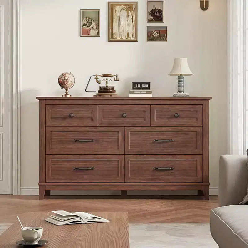 Commode 7 tiroirs de 137 cm avec dispositif anti-basculement, meuble de rangement moderne pour chambre et salon, structure en MDF