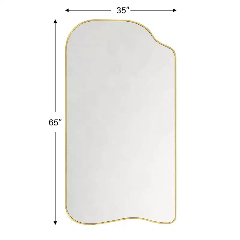 Miroir asymétrique doré sur pied, Cadre doré irrégulier et incurvé, 65 H x 35 L, Grand miroir mural pleine longueur pour chambre ou salon