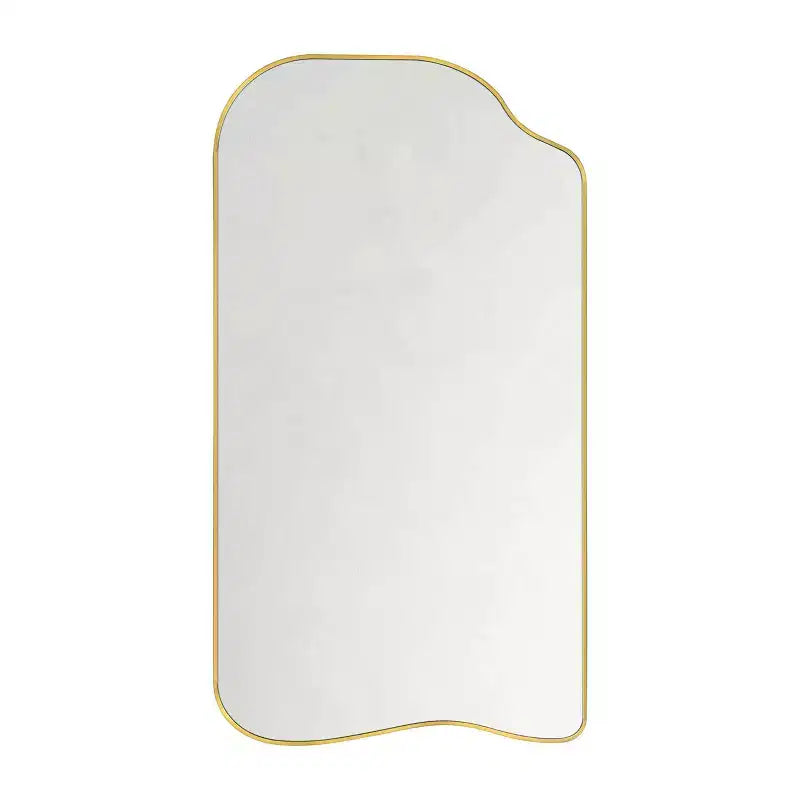 Miroir asymétrique doré sur pied, Cadre doré irrégulier et incurvé, 65 H x 35 L, Grand miroir mural pleine longueur pour chambre ou salon