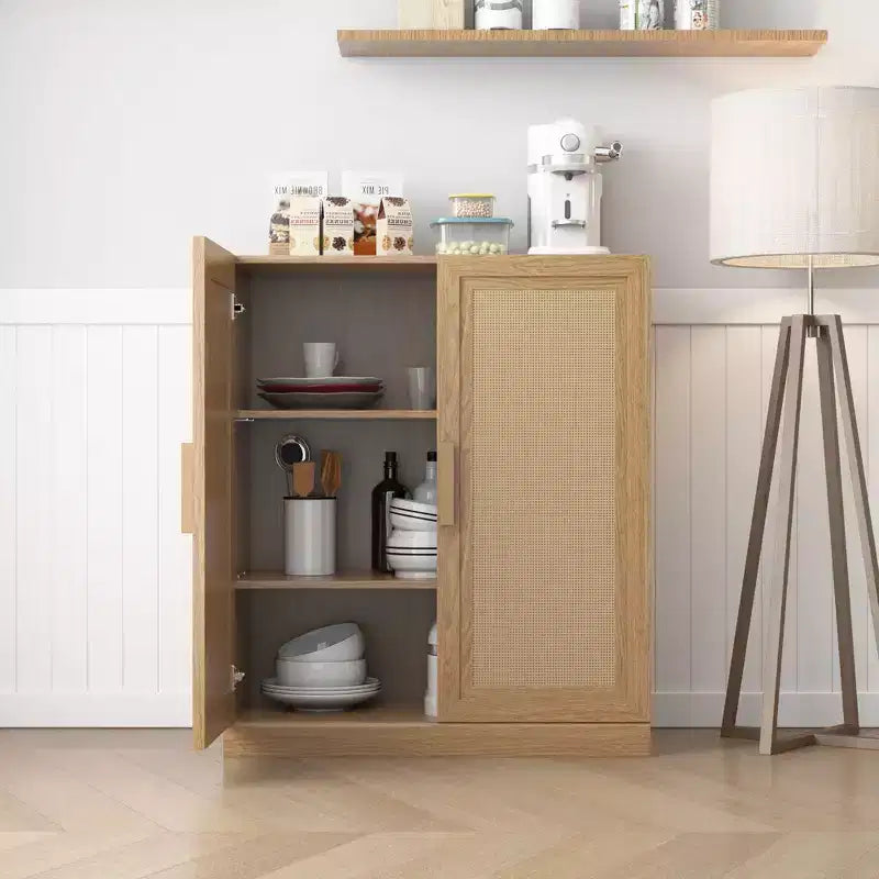 Buffet modulaire de 91 cm avec portes en rotin et rangement, meuble de ferme pour salon, cuisine et entrée, naturel
