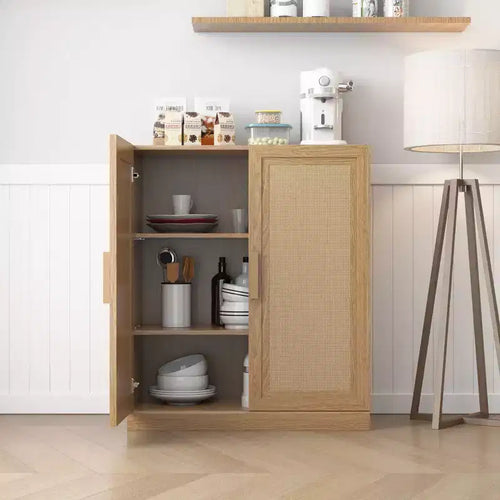 Buffet modulaire de 91 cm avec portes en rotin et rangement, meuble de ferme pour salon, cuisine et entrée, naturel