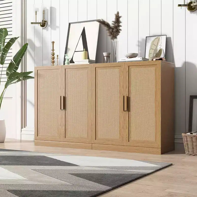 Buffet modulaire de 91 cm avec portes en rotin et rangement, meuble de ferme pour salon, cuisine et entrée, naturel