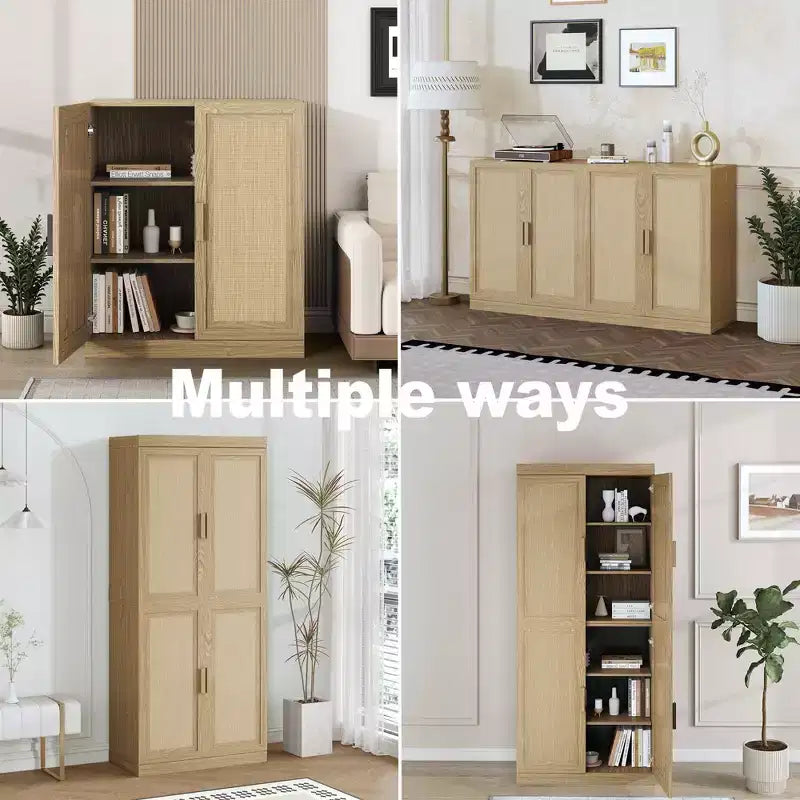 Buffet modulaire de 91 cm avec portes en rotin et rangement, meuble de ferme pour salon, cuisine et entrée, naturel