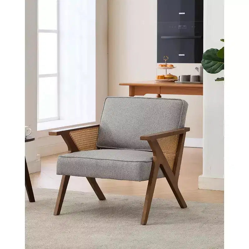 Fauteuil d'appoint, Fauteuil moderne avec pieds en bois, Fauteuil de salon rembourré en tissu de lin pour salon, chambre à coucher