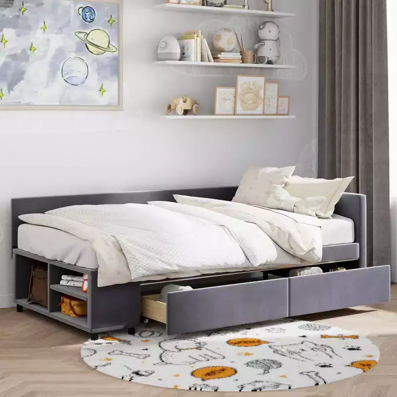 Lit de repos rembourré en bois en forme de L avec étagère de rangement latérale, lit de jour en velours pour chambre à coucher avec 2 tiroirs, taille simple