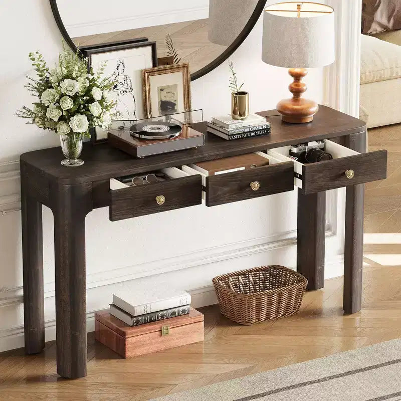Console en placage de bois vintage avec 3 tiroirs de rangement et coins arrondis, table d'entrée élégante pour hall, couloir et salon