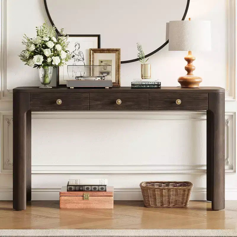 Console en placage de bois vintage avec 3 tiroirs de rangement et coins arrondis, table d'entrée élégante pour hall, couloir et salon