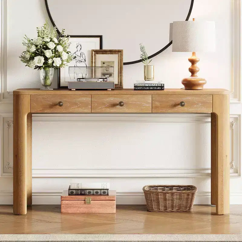 Console en placage de bois vintage avec 3 tiroirs de rangement et coins arrondis, table d'entrée élégante pour hall, couloir et salon