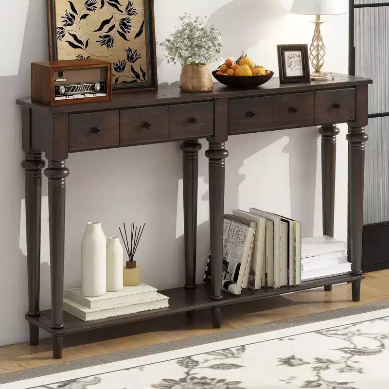 Console étroite vintage avec rangement, Table d'entrée en bois avec 4 tiroirs et étagère ouverte pour entrées, salons et couloirs