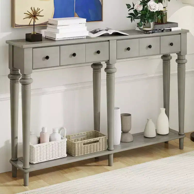 Console étroite vintage avec rangement, Table d'entrée en bois avec 4 tiroirs et étagère ouverte pour entrées, salons et couloirs