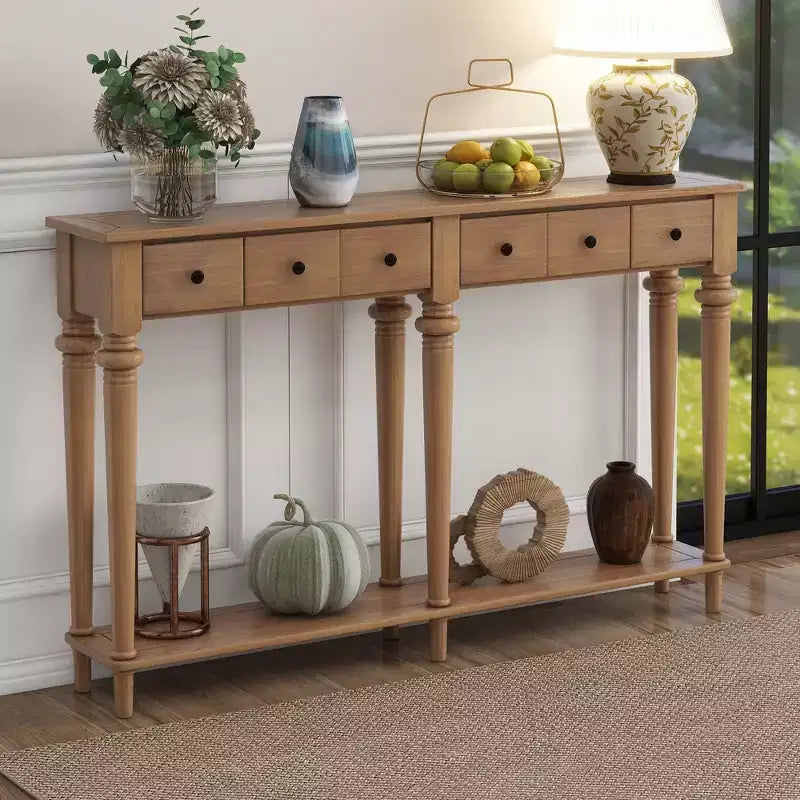 Console étroite vintage avec rangement, Table d'entrée en bois avec 4 tiroirs et étagère ouverte pour entrées, salons et couloirs