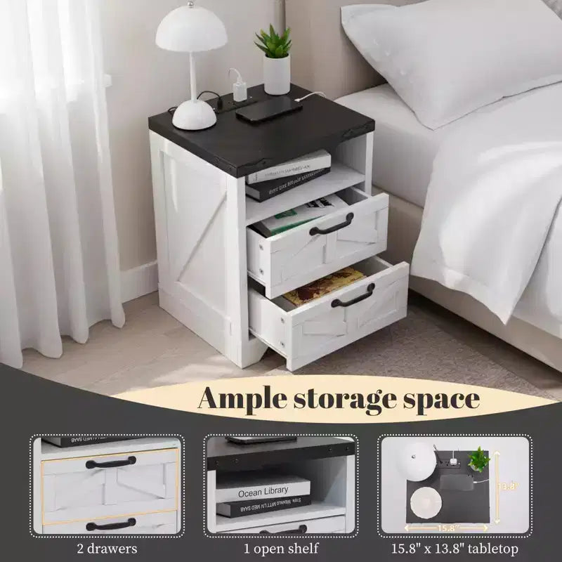 Table de chevet avec station de recharge, 2 prises CA et 2 ports USB, Table de chevet industrielle avec 2 tiroirs pour chambre à coucher