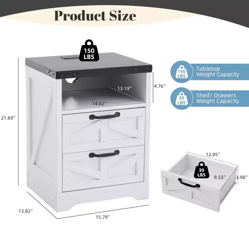 Table de chevet avec station de recharge, 2 prises CA et 2 ports USB, Table de chevet industrielle avec 2 tiroirs pour chambre à coucher