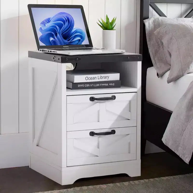 Table de chevet avec station de recharge, 2 prises CA et 2 ports USB, Table de chevet industrielle avec 2 tiroirs pour chambre à coucher
