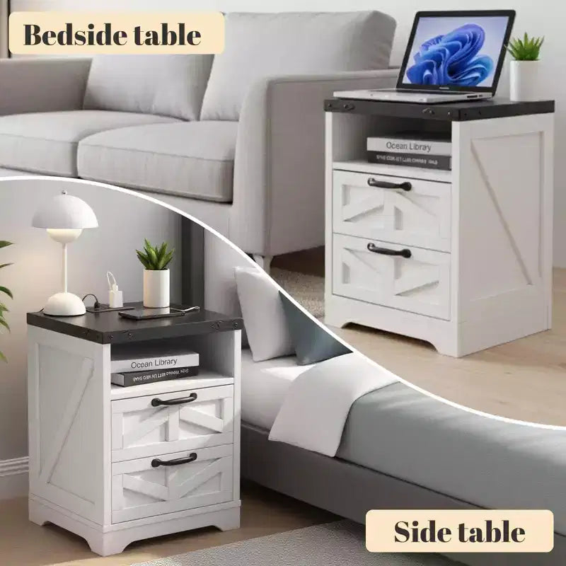 Table de chevet avec station de recharge, 2 prises CA et 2 ports USB, Table de chevet industrielle avec 2 tiroirs pour chambre à coucher