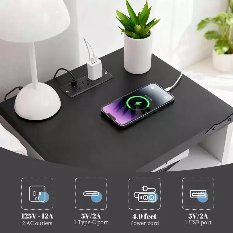 Table de chevet avec station de recharge, 2 prises CA et 2 ports USB, Table de chevet industrielle avec 2 tiroirs pour chambre à coucher