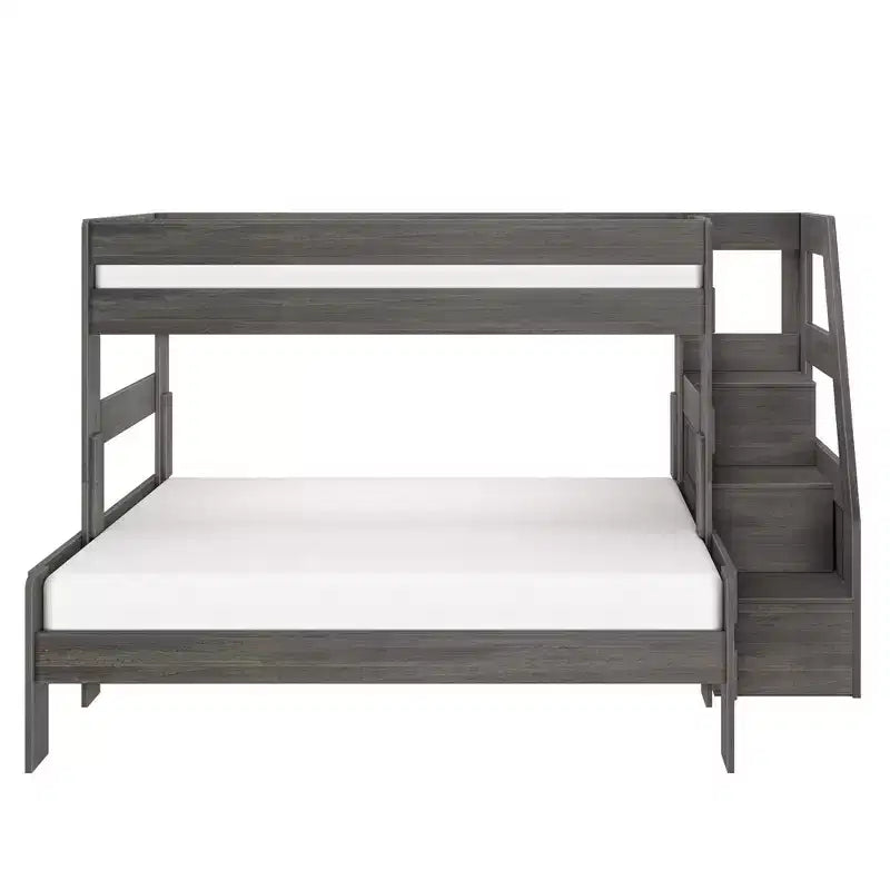 Lit superposé simple XL sur grand lit double avec escalier de style moderne (Modern Farmhouse)