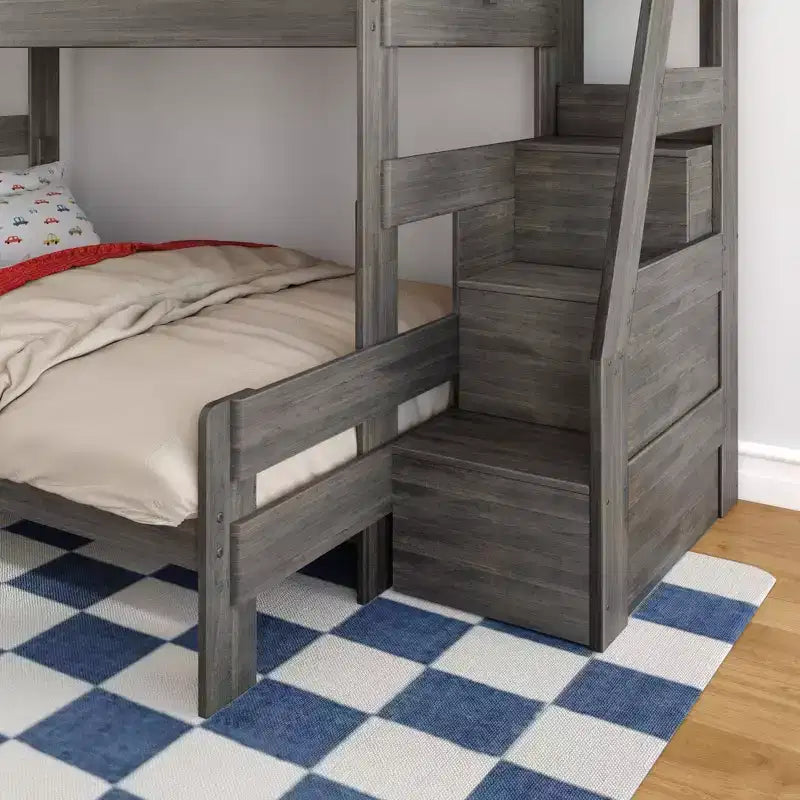 Lit superposé simple XL sur grand lit double avec escalier de style moderne (Modern Farmhouse)