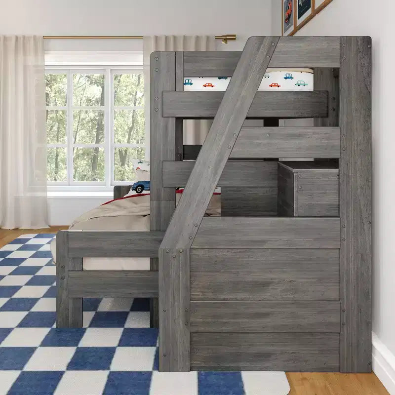Lit superposé simple XL sur grand lit double avec escalier de style moderne (Modern Farmhouse)