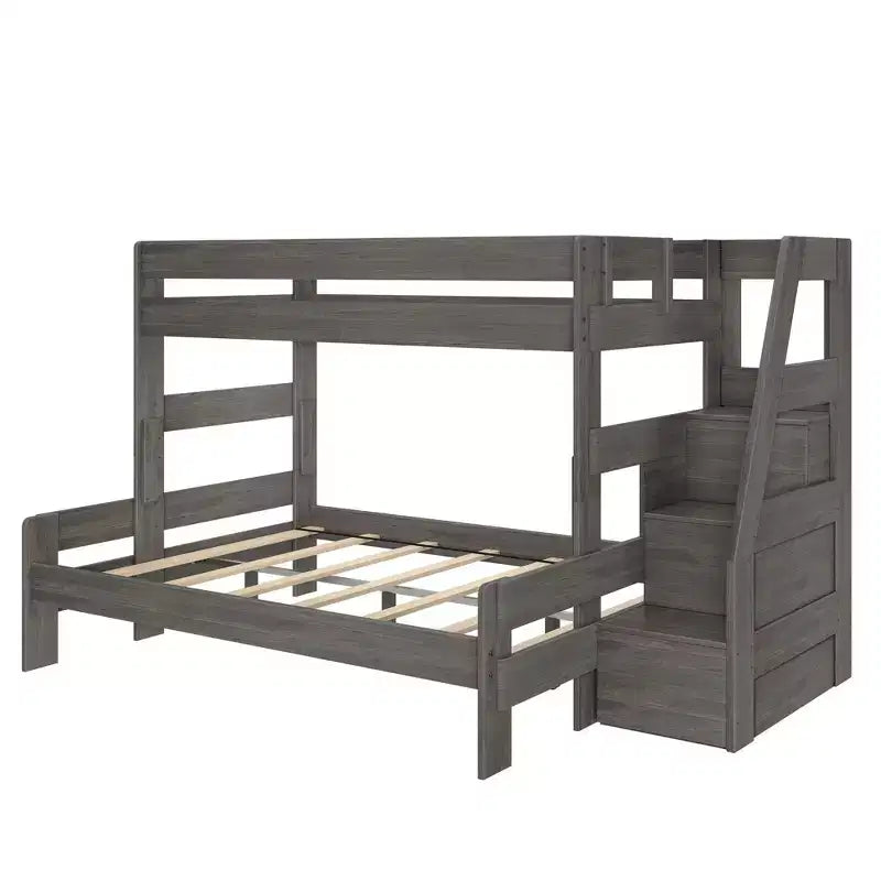 Lit superposé simple XL sur grand lit double avec escalier de style moderne (Modern Farmhouse)