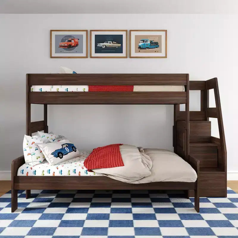 Lit superposé simple XL sur grand lit double avec escalier de style moderne (Modern Farmhouse)