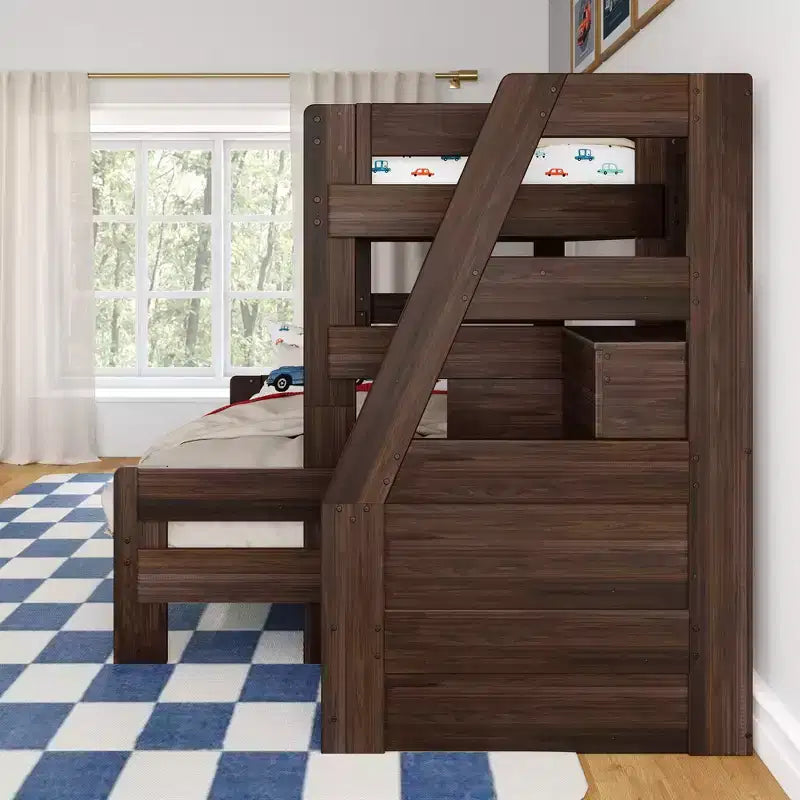 Lit superposé simple XL sur grand lit double avec escalier de style moderne (Modern Farmhouse)