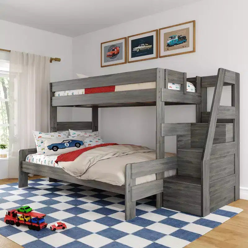 Lit superposé simple XL sur grand lit double avec escalier de style moderne (Modern Farmhouse)