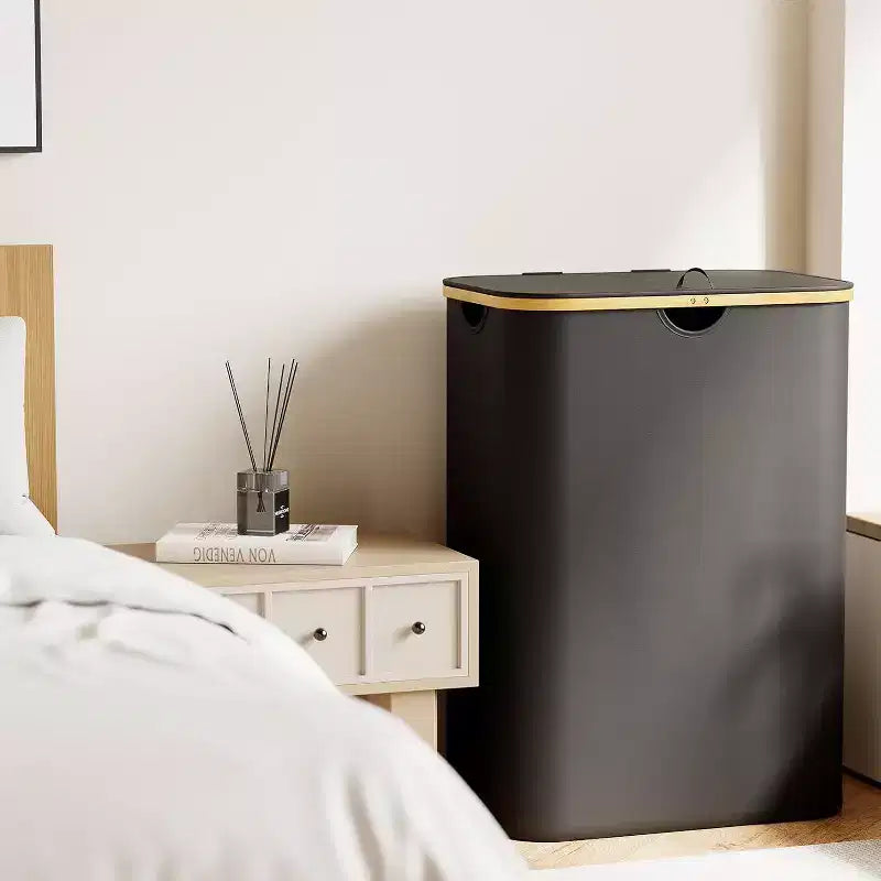 Panier à linge 2 compartiments avec 2 sacs amovibles, panier pliable de 160 L avec couvercle et poignées en bambou