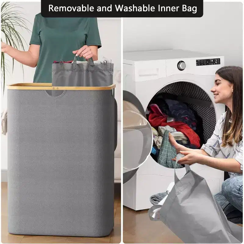 Panier à linge 2 compartiments avec 2 sacs amovibles, panier pliable de 160 L avec couvercle et poignées en bambou