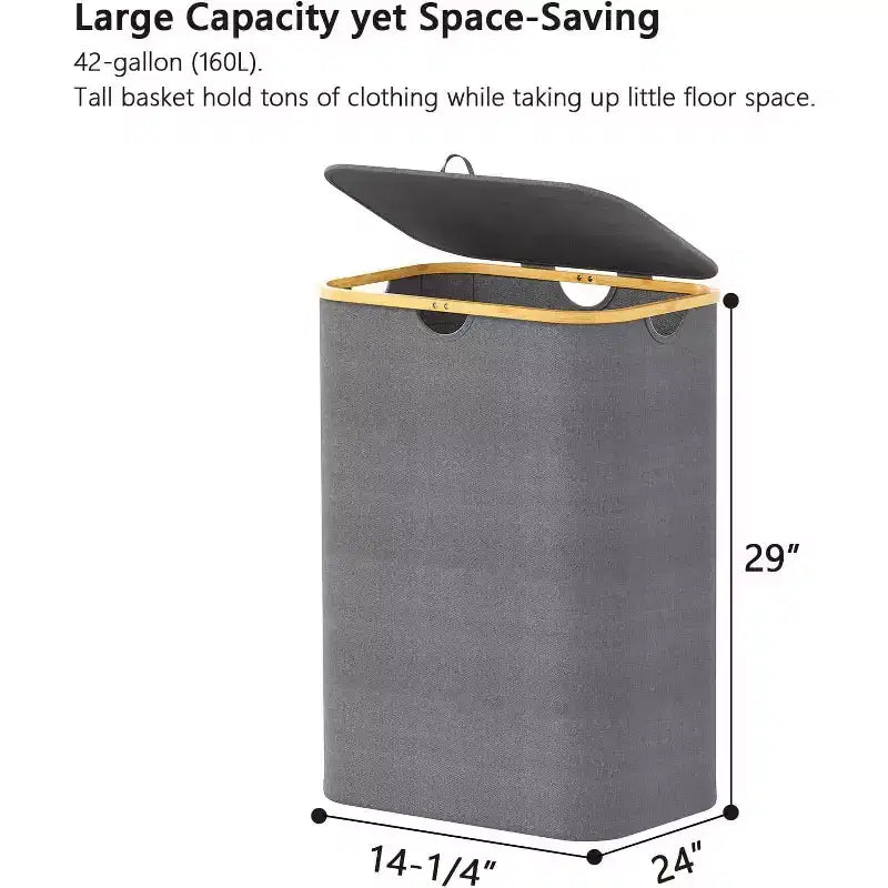 Panier à linge 2 compartiments avec 2 sacs amovibles, panier pliable de 160 L avec couvercle et poignées en bambou