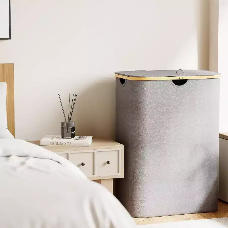 Panier à linge 2 compartiments avec 2 sacs amovibles, panier pliable de 160 L avec couvercle et poignées en bambou