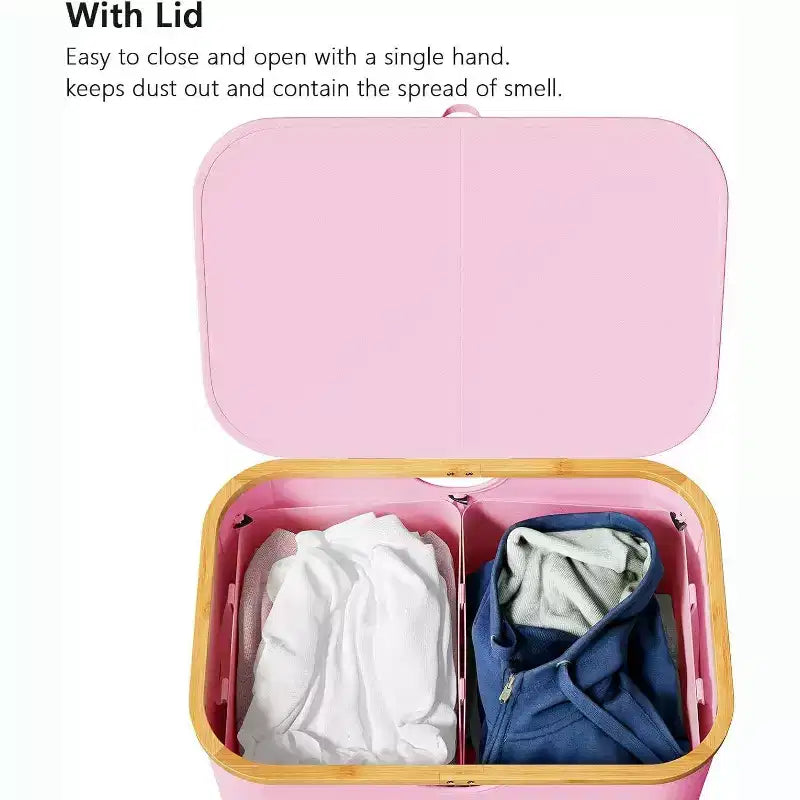 Panier à linge 2 compartiments avec 2 sacs amovibles, panier pliable de 160 L avec couvercle et poignées en bambou