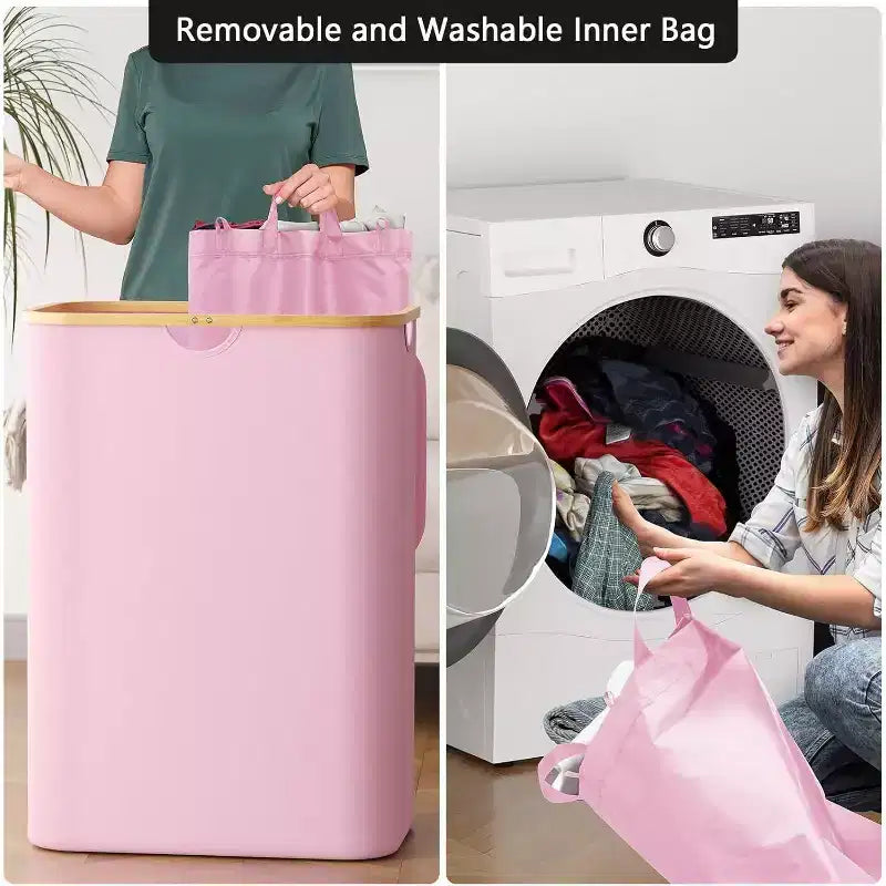 Panier à linge 2 compartiments avec 2 sacs amovibles, panier pliable de 160 L avec couvercle et poignées en bambou