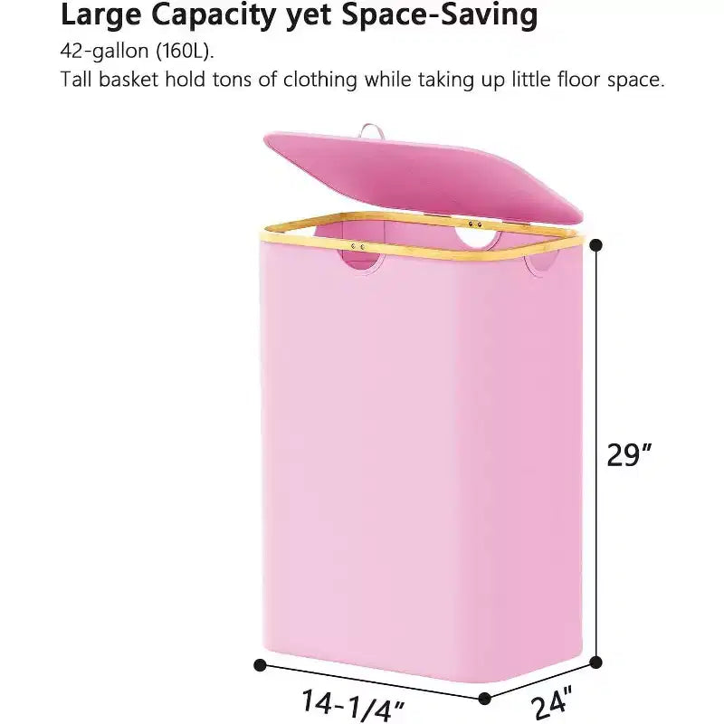 Panier à linge 2 compartiments avec 2 sacs amovibles, panier pliable de 160 L avec couvercle et poignées en bambou
