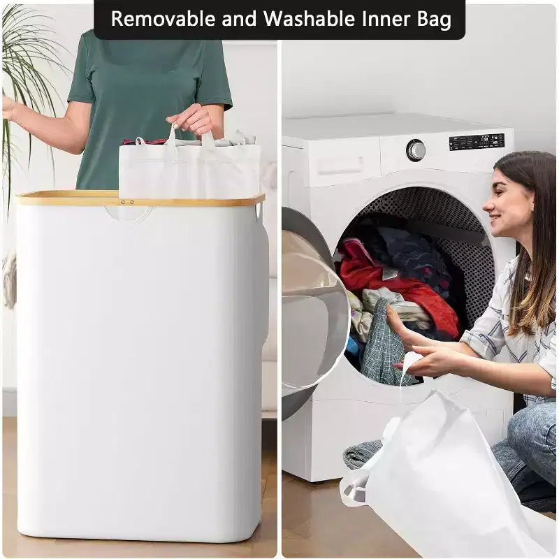 Panier à linge 2 compartiments avec 2 sacs amovibles, panier pliable de 160 L avec couvercle et poignées en bambou