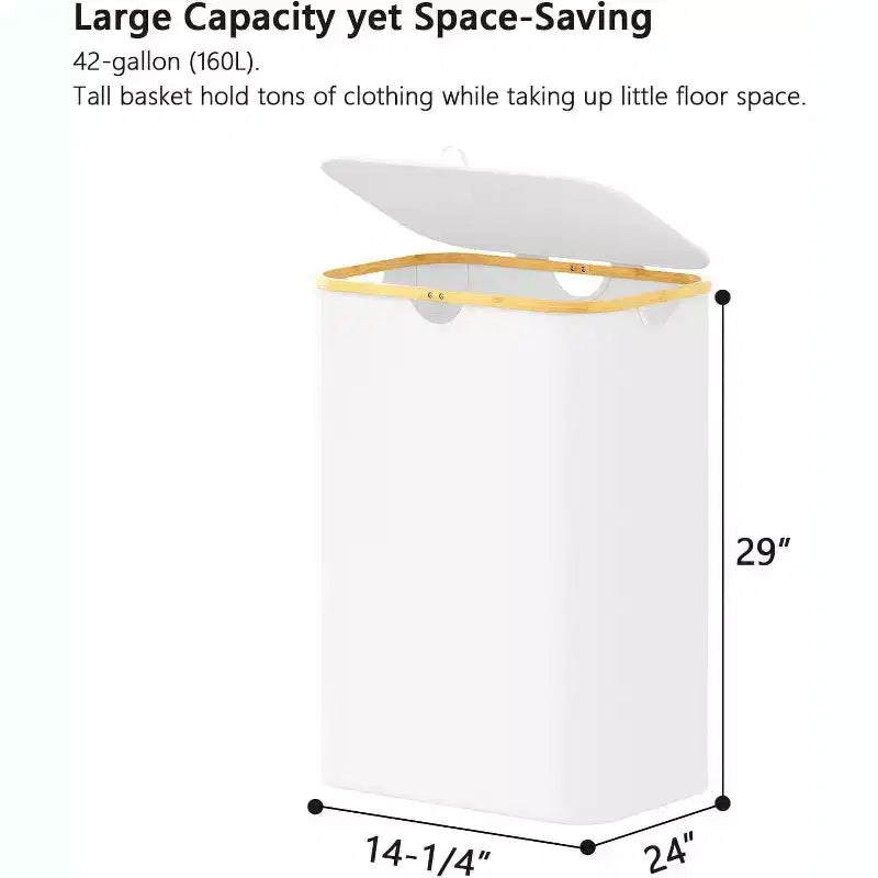 Panier à linge 2 compartiments avec 2 sacs amovibles, panier pliable de 160 L avec couvercle et poignées en bambou